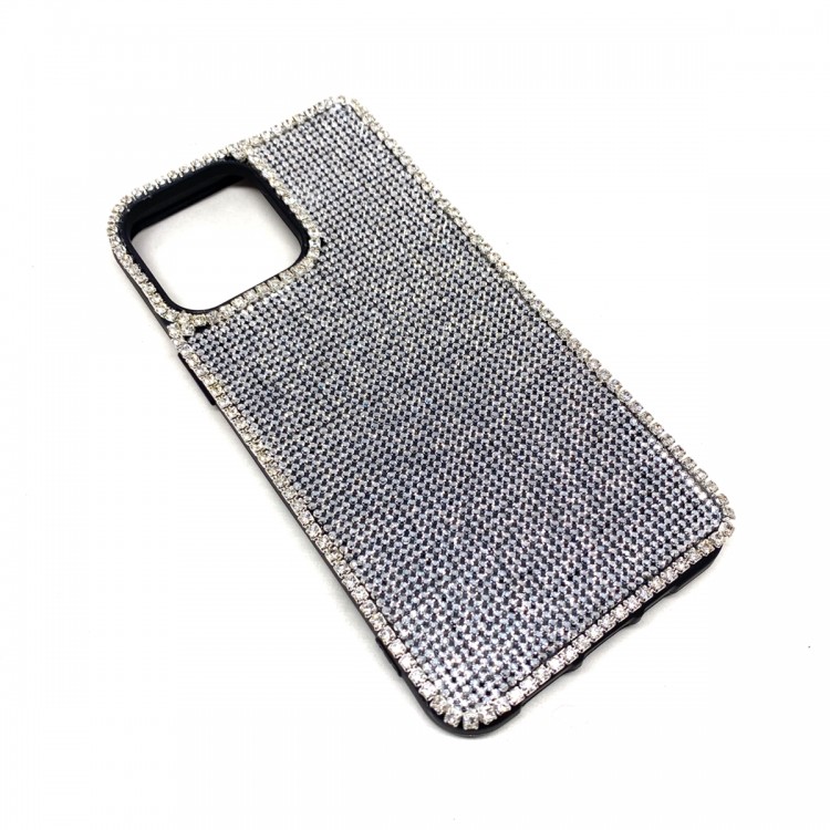 iPhone 13 Pro Max Kristal Taşlı Siyah Telefon Kılıfı Gümüş Taşlı