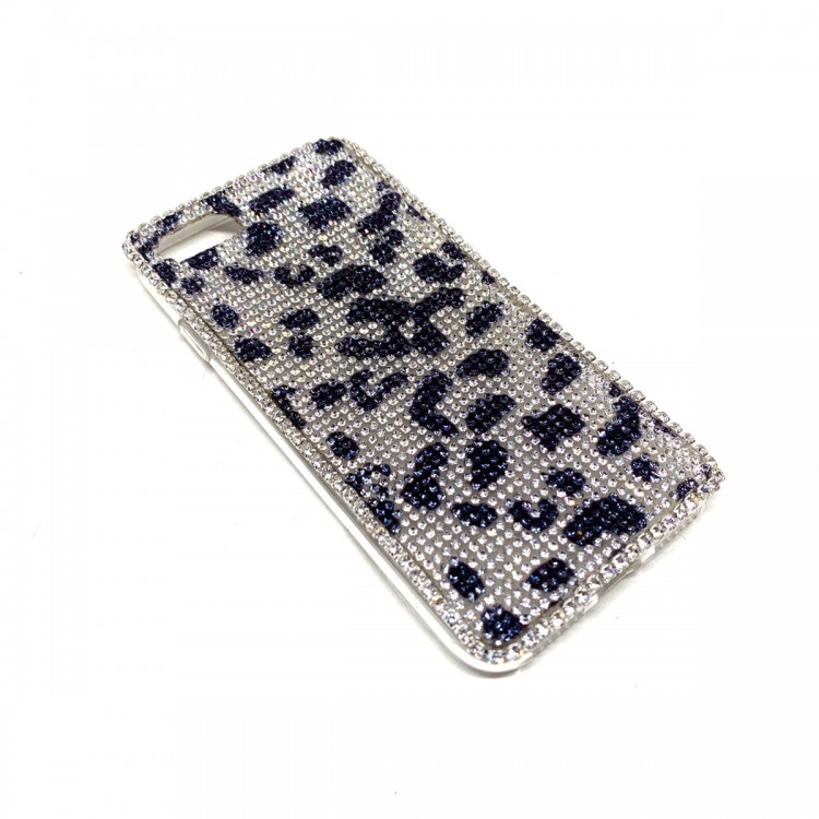 iPhone 7/8 Kristal Taşlı Telefon Kılıfı Siyah Gümüş Leopars Desen